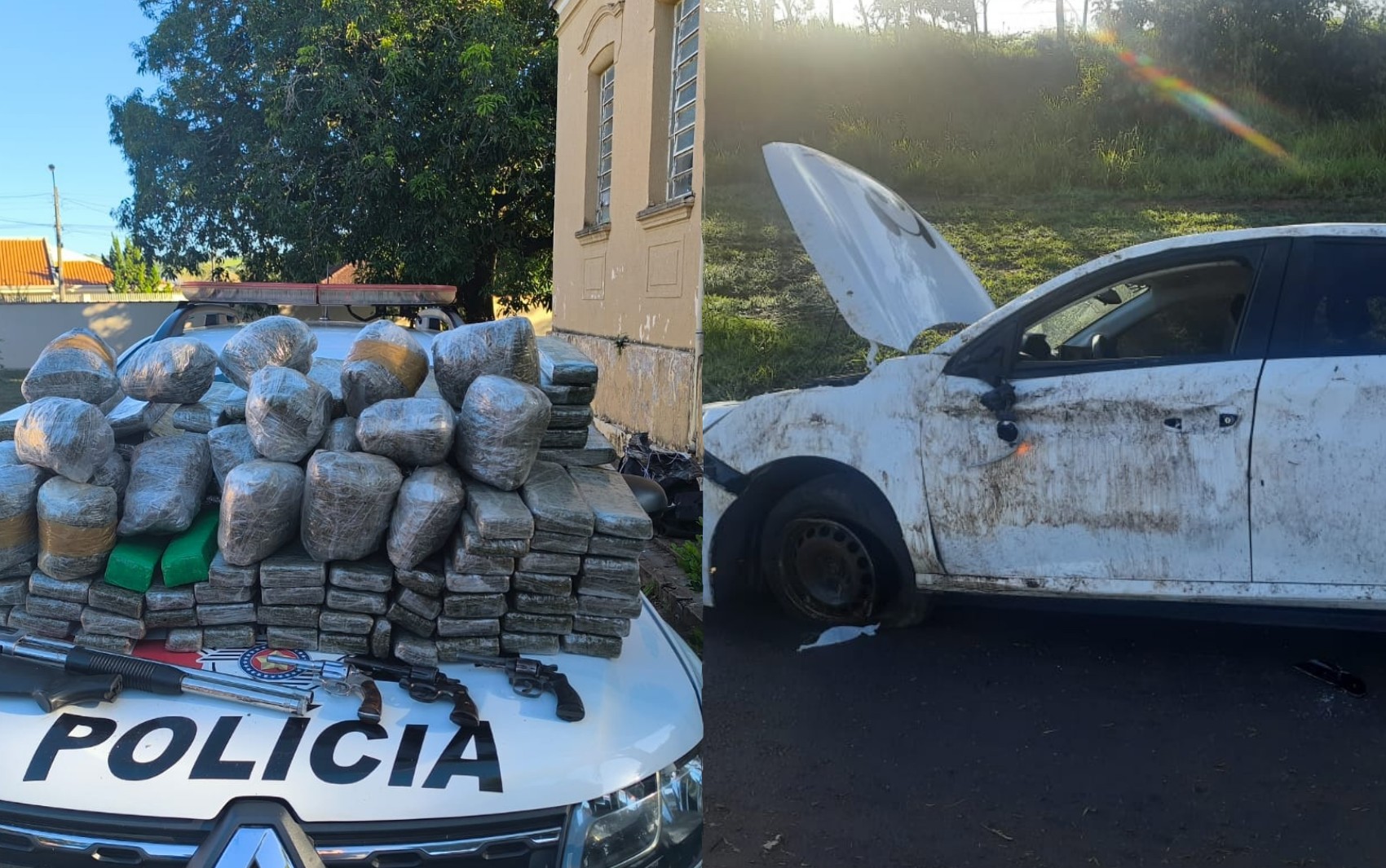 PM apreende 164 kg de drogas e armas dentro de carro que capotou em rodovia no interior de SP