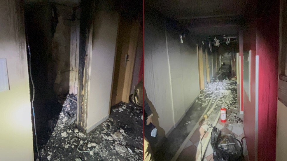 Imagens internas do hotel após o incêndio. — Foto: PM-PR