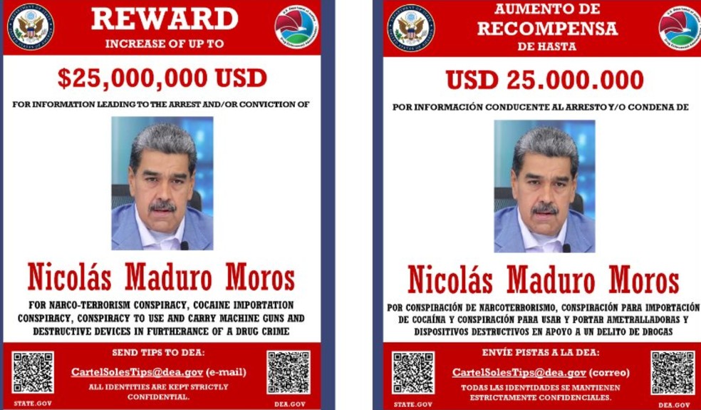 Governo dos EUA divulga recompensa por informações sobre Maduro — Foto: Reprodução/X