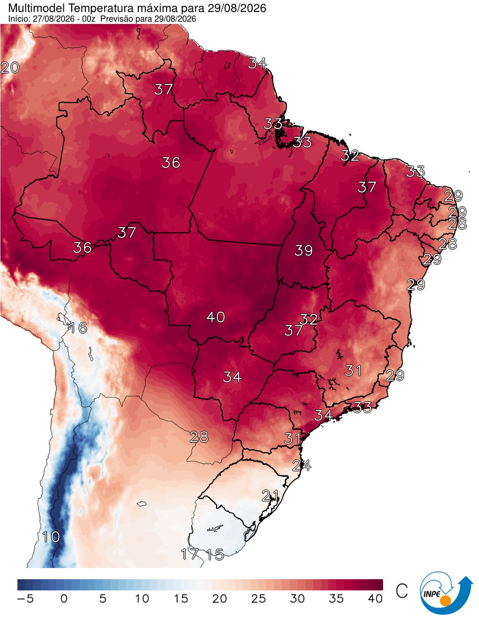 Temperaturas máximas previstas para este sábado em todo o Brasil. — Foto: CPTEC/Inpe