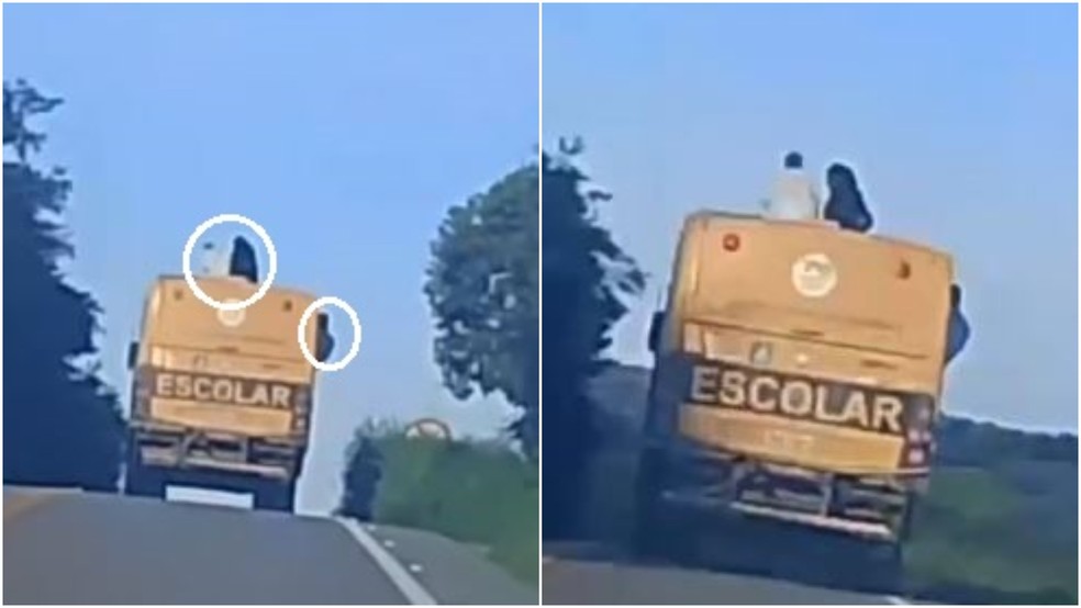 Ônibus escolar trafega com alunos sentados no teto e na janela em Saboeiro, no interior do Ceará. — Foto: Reprodução