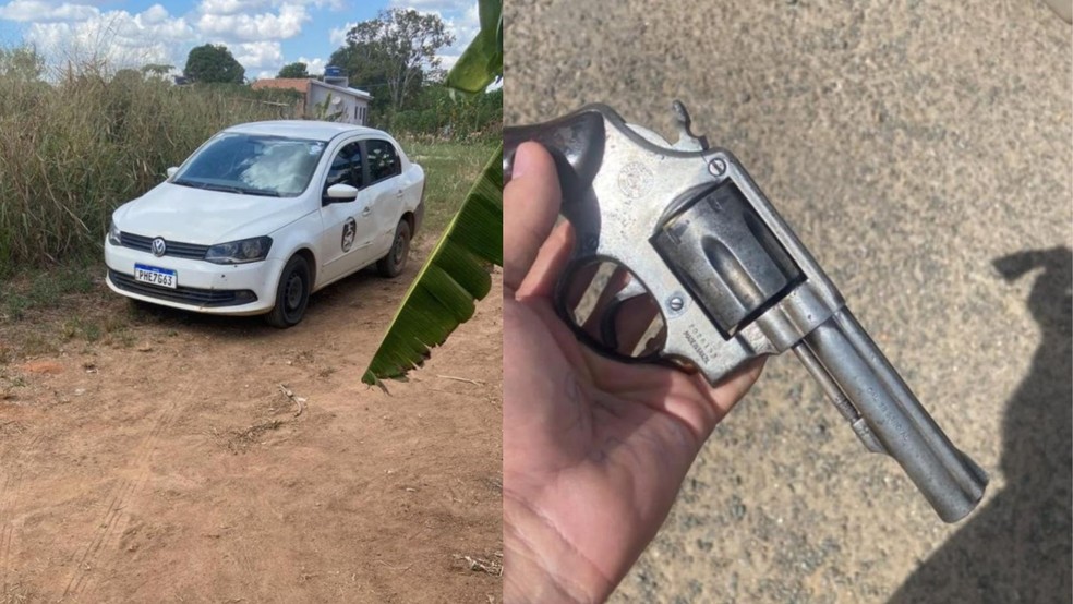 Carro encontrado na zona rural de Ouro Preto do Oeste, RO (à esquerda) e arma usada no crime (à direita) — Foto: Reprodução/redes sociais