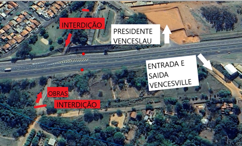 Obras interditam trecho da Rodovia Raposo Tavares (SP-270) em Presidente Venceslau (SP) — Foto: Cart/Reprodução