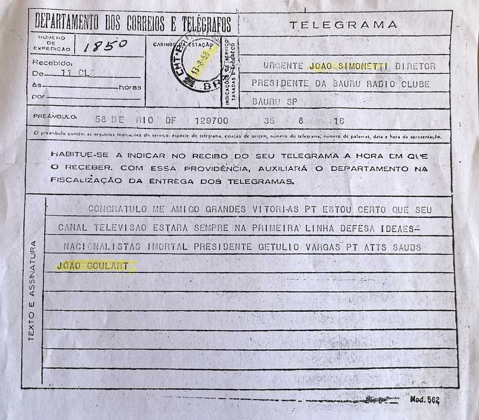 Telegrama recebido por João Simonetti de João Goulart parabenizando-o sobre a concessão da TV Bauru — Foto: Arquivo/TV TEM