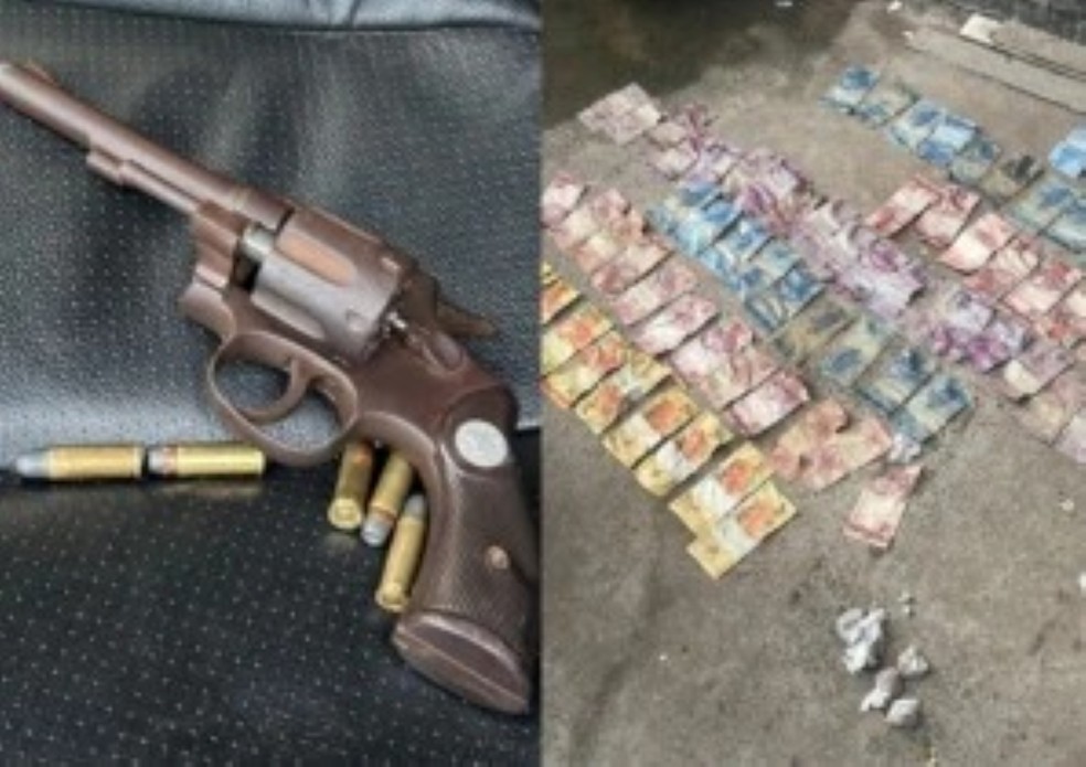 Policiais apreenderam uma arma de fogo, munições, drogas e dinheiro. — Foto: Divulgação/Polícia Civil