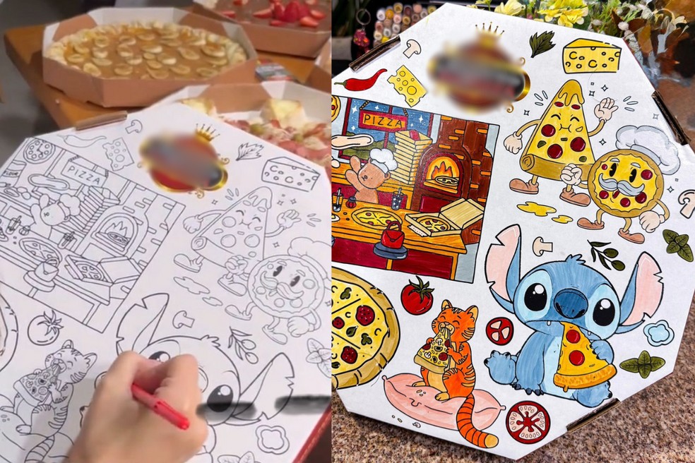 Pizzaria de Itapetininga entrega as pizzas em caixas com desenhos para pintar — Foto: Ana Carolina Rodrigues/Arquivo pessoal