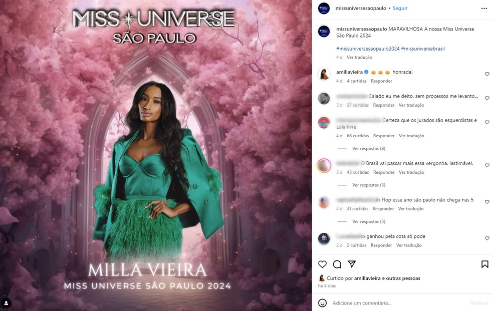 Comentários racistas em publicação sobre a Miss São Paulo — Foto: Reprodução