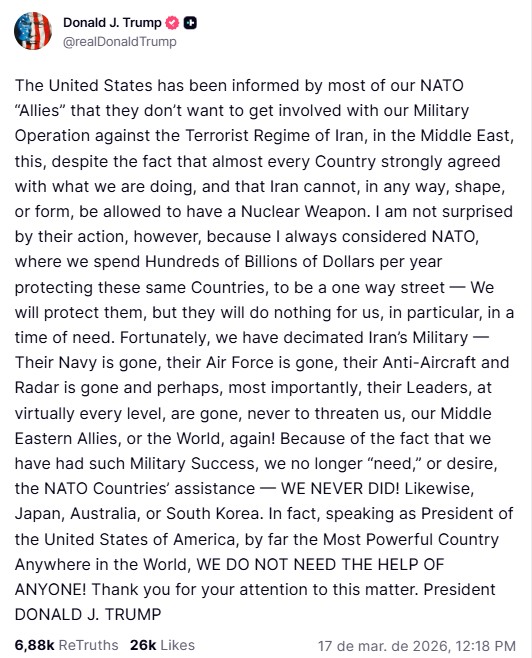'Não precisamos de ninguém', diz Trump após aliados se negarem a entrar na guerra contra Irã