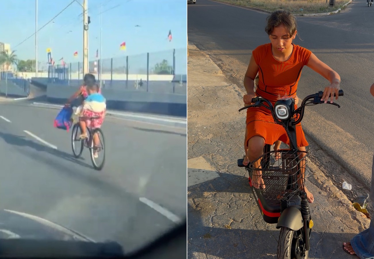 Mãe que levava filho para escola amarrado à cintura ganha bicicleta elétrica no TO; VÍDEO
