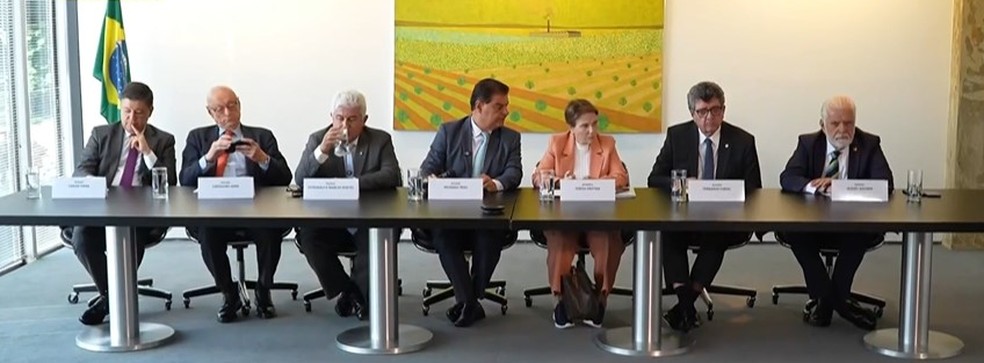 Tarifaço: senadores brasileiros falam com a imprensa durante visita aos EUA — Foto: Reprodução/GloboNews