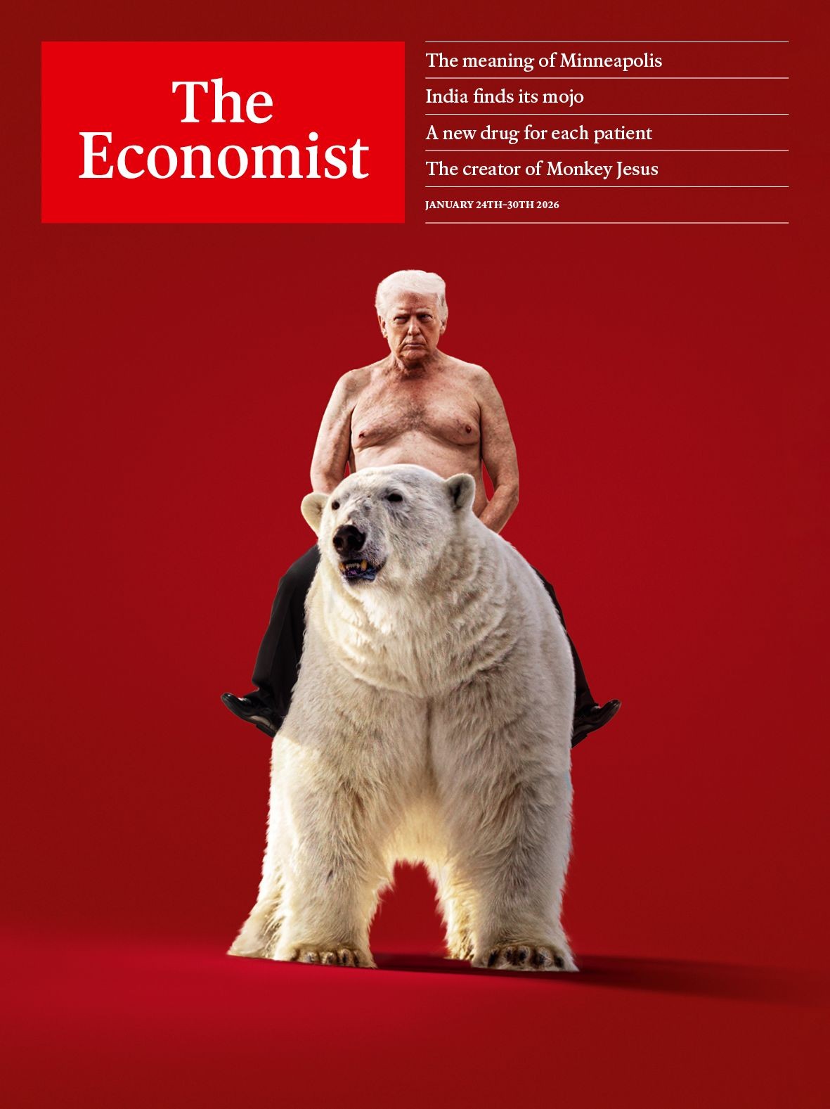 Revista retrata Trump sem camisa e montado em urso polar em meio a tensões com a Europa por causa da Groenlândia