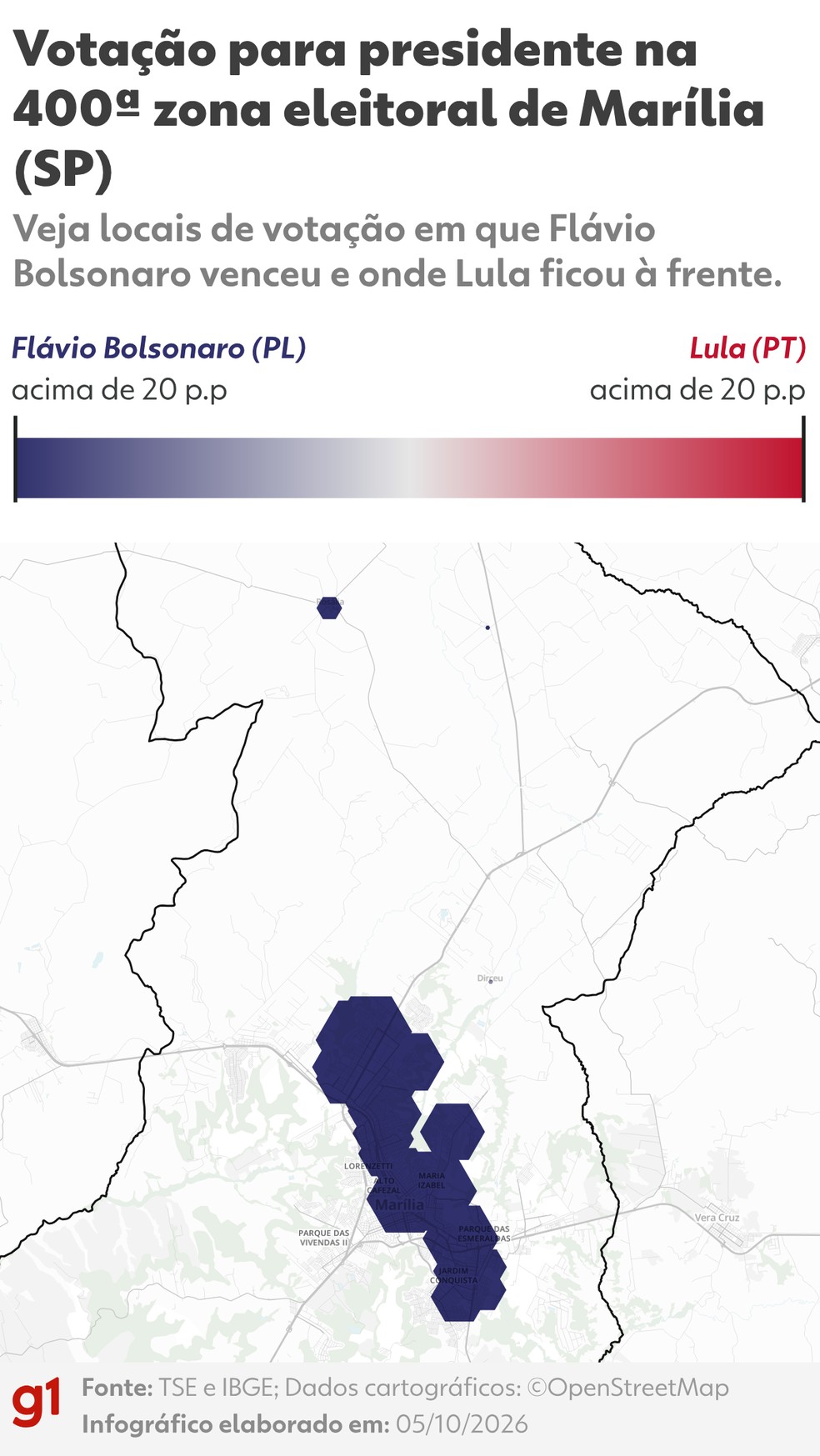 8 de 8
Vota&ccedil;&atilde;o para presidente na 400&ordf; zona eleitoral de Mar&iacute;lia (SP) - Veja locais de vota&ccedil;&atilde;o em que Fl&aacute;vio Bolsonaro venceu e onde Lula ficou &agrave; frente. - Mar&iacute;lia SP zona 400 - presidente 2026 turno-1 - quadrado_g1 g1-alt bubble - 05/10/2026 &mdash; Foto: Arte G1