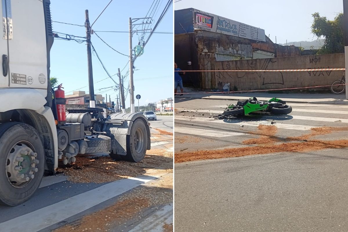 Motociclista sofre traumatismo craniano após bater em carreta no litoral de SP; VÍDEO