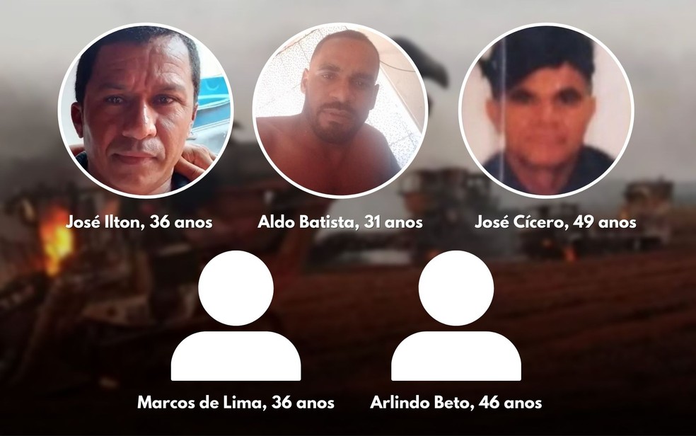 Jose Ilton Francisco Luiz, Aldo Batista Da Silva, José Cicero Da Silva,  Arlindo Beto Rodrigues Sobrinho e Marcos De Lima Souza, vítimas de incêndio em São Simão — Foto: Montagem/g1