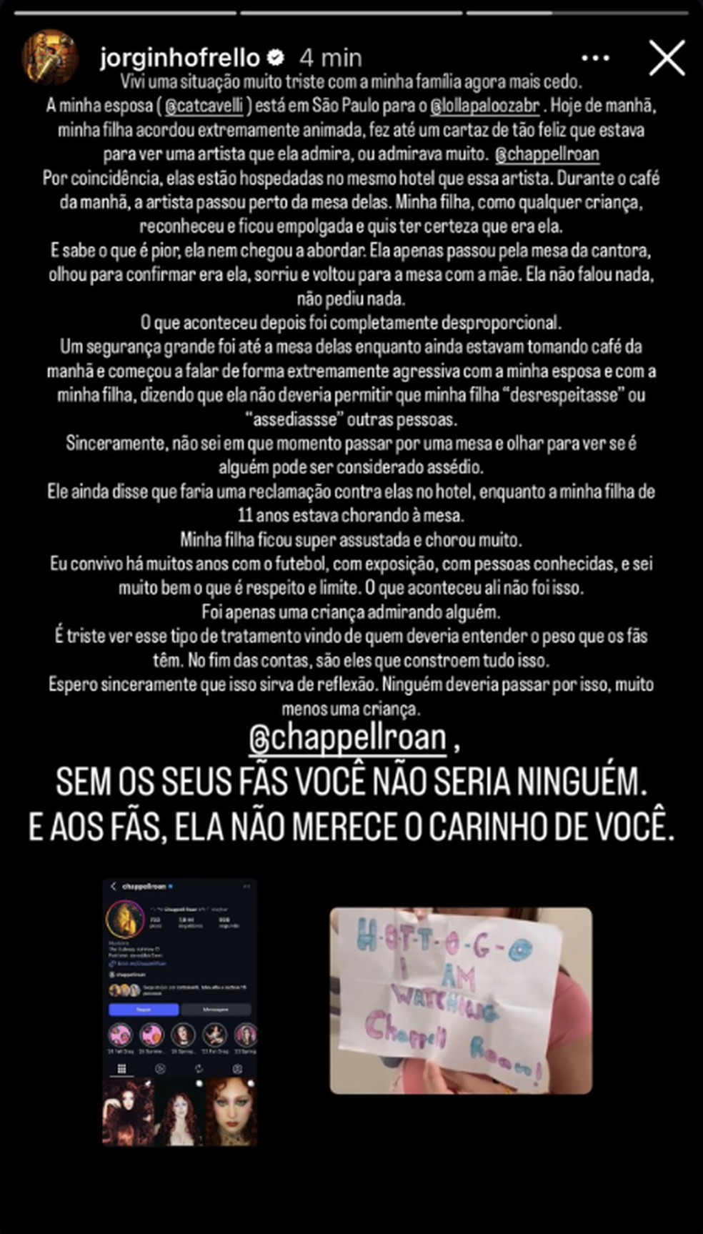 Jorginho, do Flamengo, critica Chappell Roan após confusão com criança — Foto: reprodução/instagram