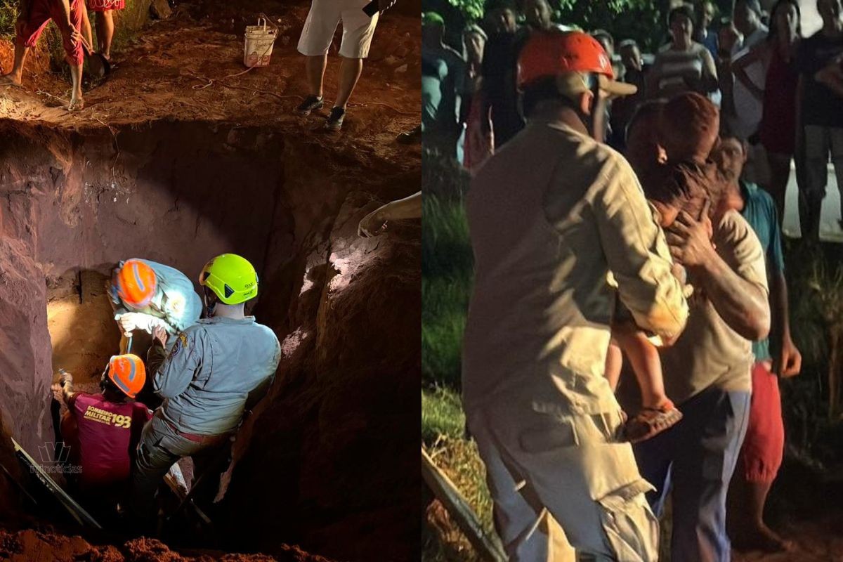 Quase um pesadelo: criança de 2 anos cai em buraco de 25 cm de largura e 4 metros de profundidade e é resgatada ilesa em MS