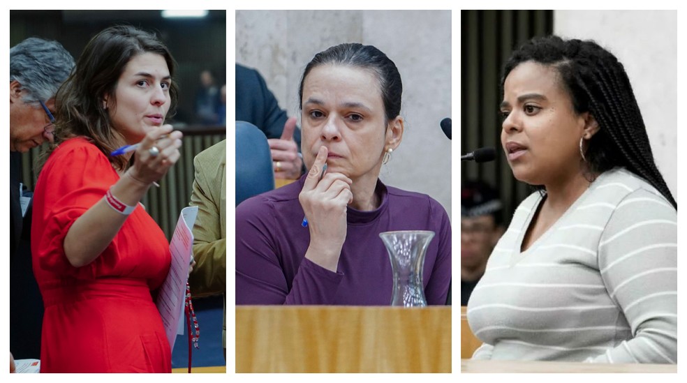 As vereadoras Luna Zarattini (PT), Janana Paschoal (PP) e Luana Alves (PSOL). - Foto: Montagem/g1/Reproduo/Rede Cmara de SP