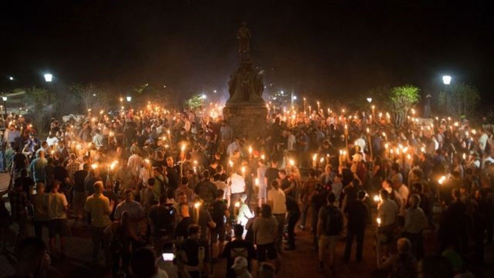 Brendan participou da famosa parada ‘Unir a Direita’ em Charlottesville, no Estado americano da Virgínia, em 2017 — Foto: Getty Images/Via BBC