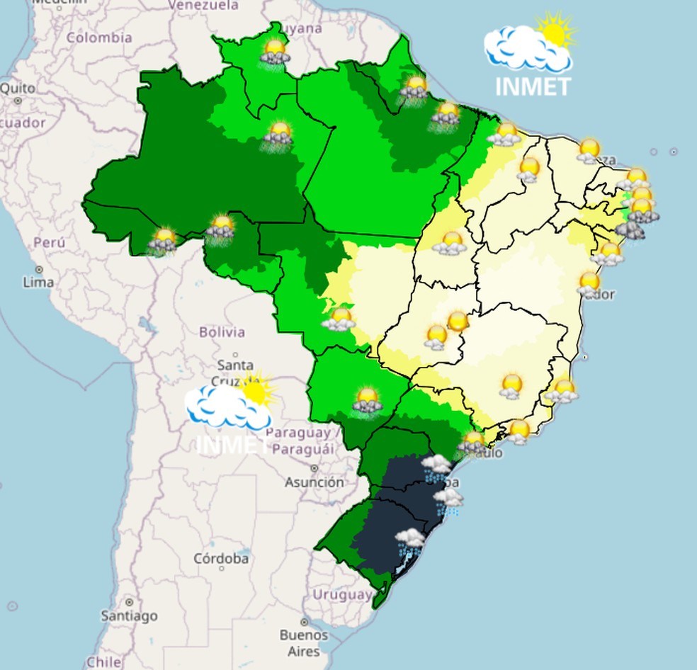 Mapa mostra previsão de chuva para esta terça (30) em todo o Brasil. — Foto: Inmet/Reprodução