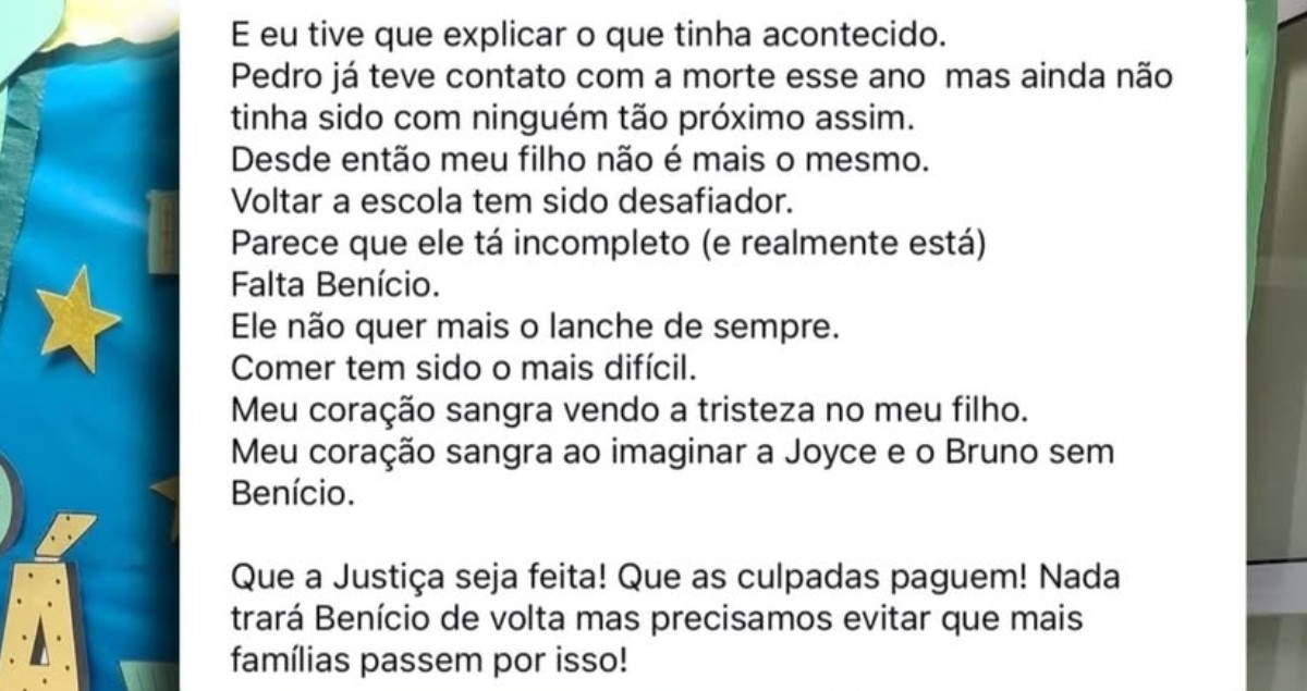 Mãe de colega de escola de Benício relata sofrimento do filho após perda: 'Ele está incompleto'