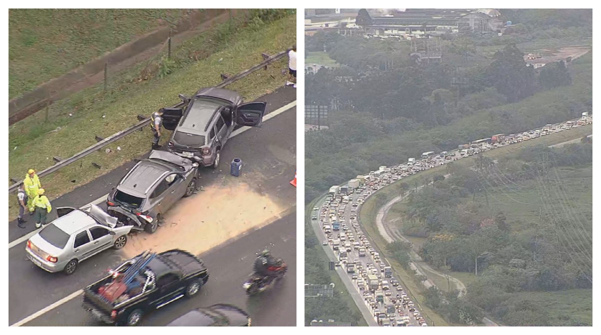 Engavetamento com quatro veículos causa congestionamento de 24 km na Rodovia Ayrton Senna, em São Paulo