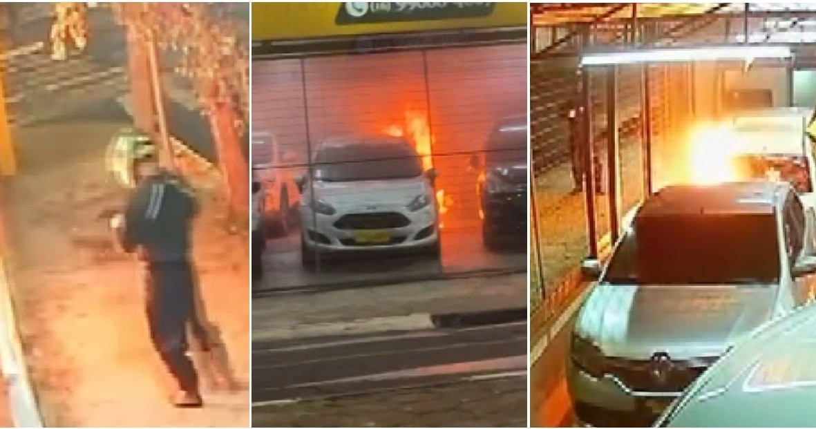 VÍDEO: câmera flagra homem ateando fogo em loja de carros em Araraquara
