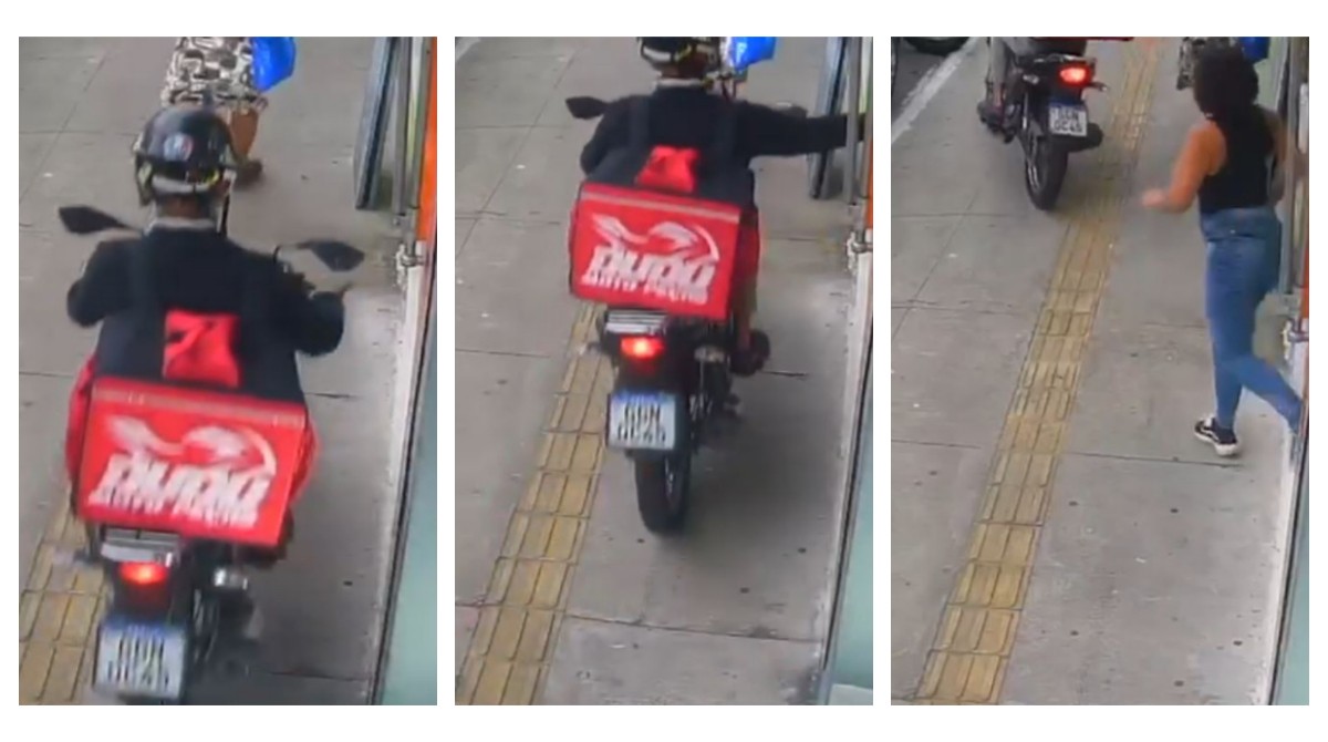 VÍDEO: Falso entregador em moto sobe na calçada e rouba celular de mulher na porta de loja em SP