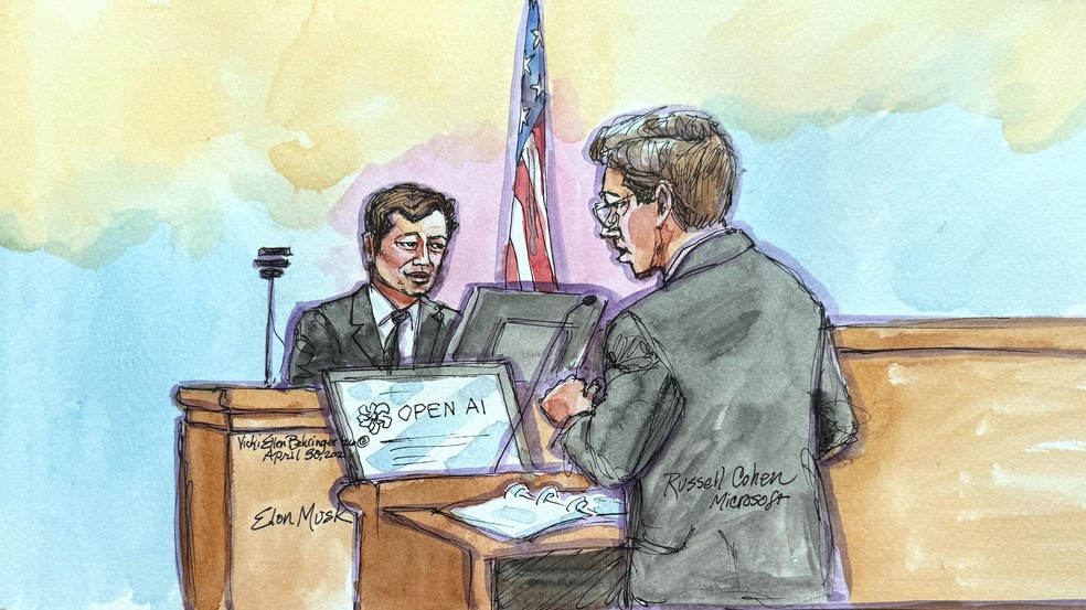 Elon Musk é interrogado por Russell Cohen, advogado da Microsoft, durante o processo de Musk sobre a conversão da OpenAI para lucro em um tribunal federal em Oakland, Califórnia, EUA, em 30 de abril de 2026, em um retrato no tribunal. — Foto: REUTERS/Vicki Behringer