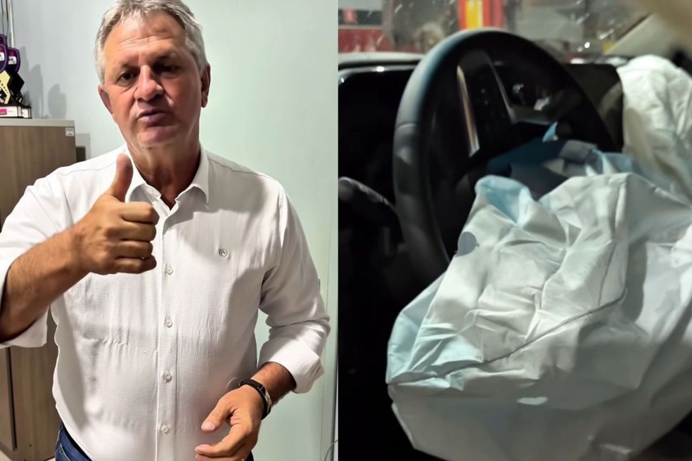 Batida causou danos no veículo e acionou o airbag — Foto: Reprodução/Redes sociais
