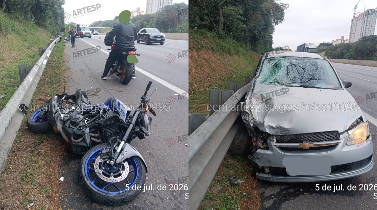 Acidente entre carro e duas motos deixa quatro feridos na Rodovia dos Bandeirantes; vítima teve perna amputada