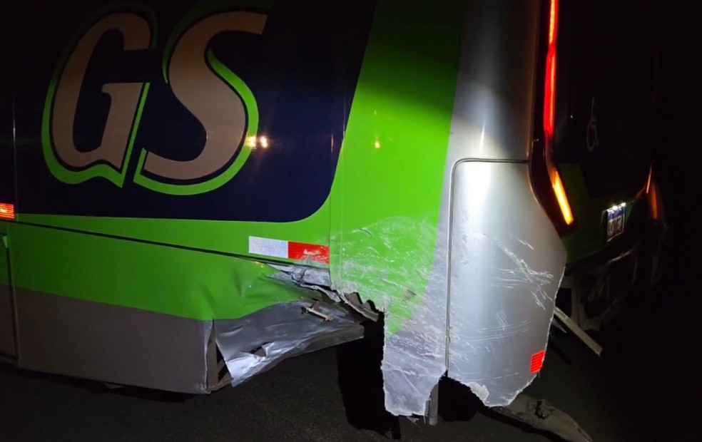Traseira do ônibus fo iatingida por carro conduzido por Luiz Henrique Ravagnani, na rodovia David Eid (SP-381), em Lins (SP) — Foto: Nova TV/Reprodução