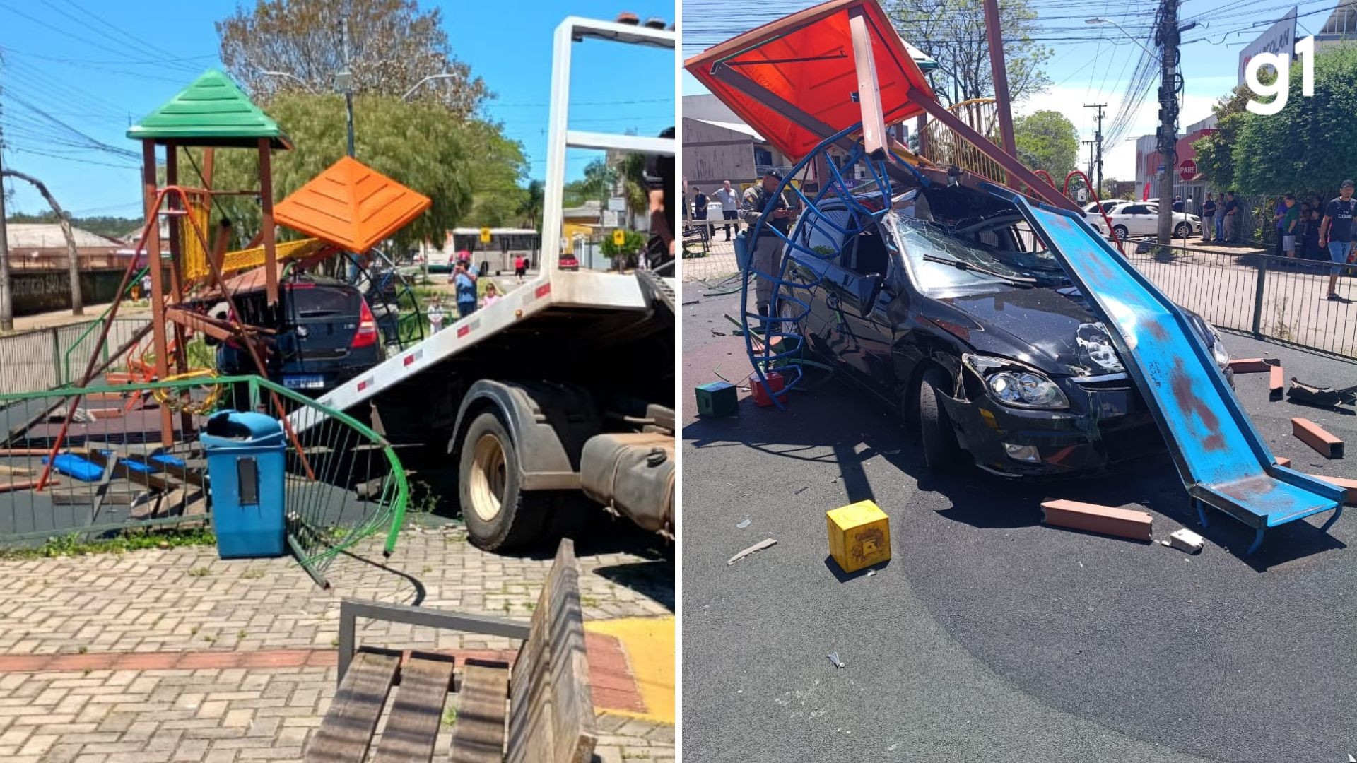 Carro invade praça, destrói brinquedos de parquinho e motorista é preso após fuga em Passo Fundo, diz polícia