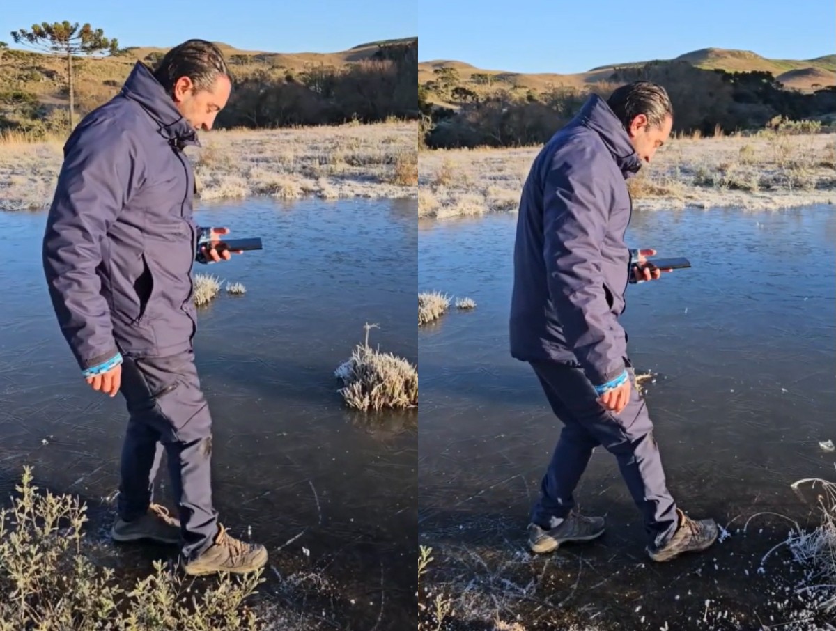 Fotógrafo caminha sobre lago congelado em dia com 40 cidades abaixo de zero em SC; VÍDEO