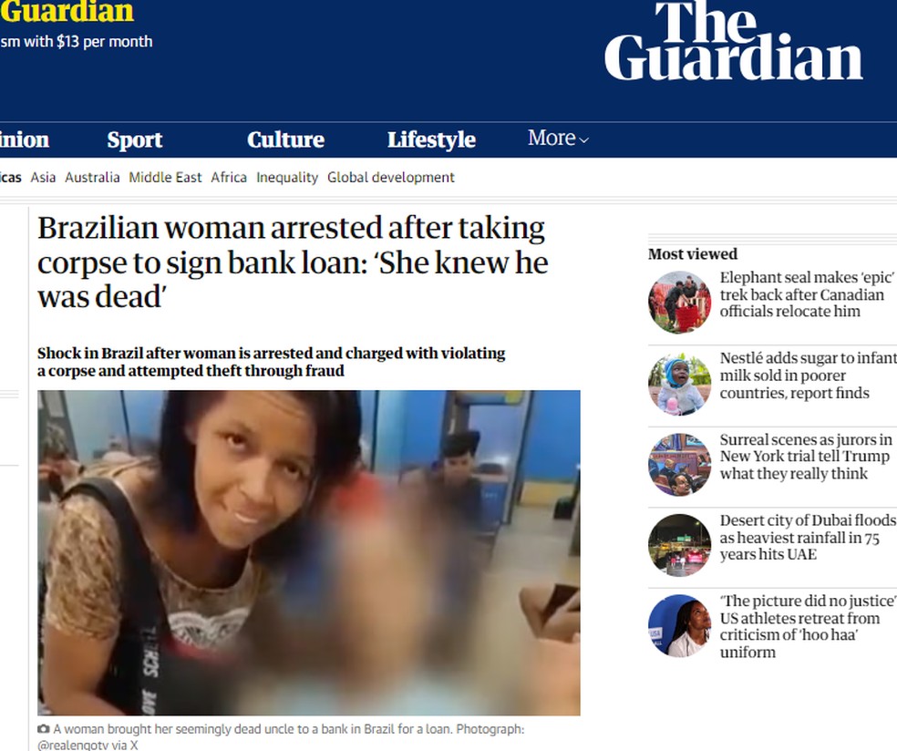 Reprodução de texto do 'The Guardian' de 17 de abril de 2024 sobre o caso da mulher que levou um idoso morto ao banco para sacar um empréstimo. — Foto: Reprodução