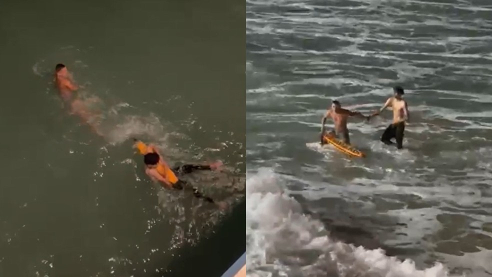 Três jovens, de 17, 18 e 19 anos, foram salvos de afogamento na Praia de Iracema, em Fortaleza, na madrugada desta sexta-feira (30). — Foto: Reprodução