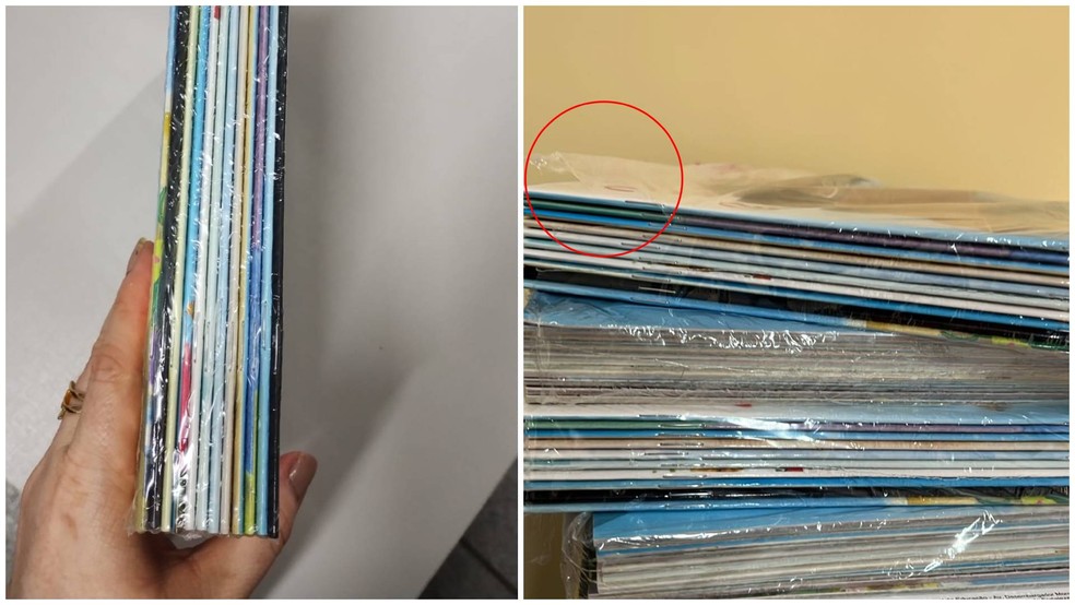 À esquerda, pacote com os doze livros lacrados; à direita, o pacote entregue em uma escola de Fortaleza, com apenas dez livros — Foto: Reprodução