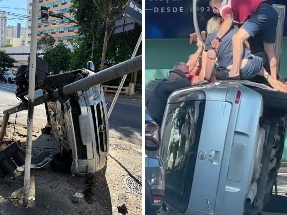 Carro tomba após bater em semáforo em cruzamento na Avenida Orosimbo Maia, em Campinas