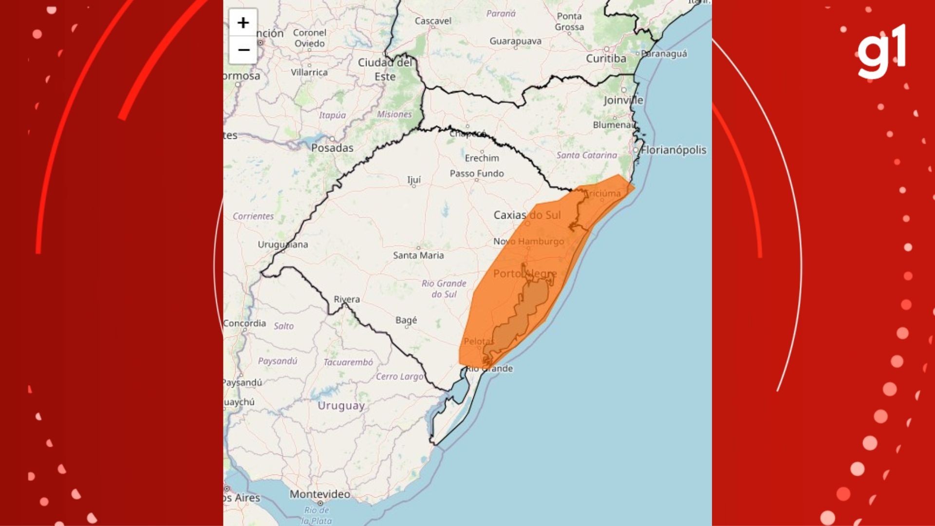 Frente fria associada a ciclone extratropical deixa tempo instável no RS; ventos podem atingir 90 km/h