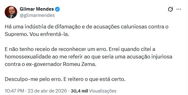 Gilmar Mendes diz que errou ao relacionar homossexualidade a uma acusação contra Zema