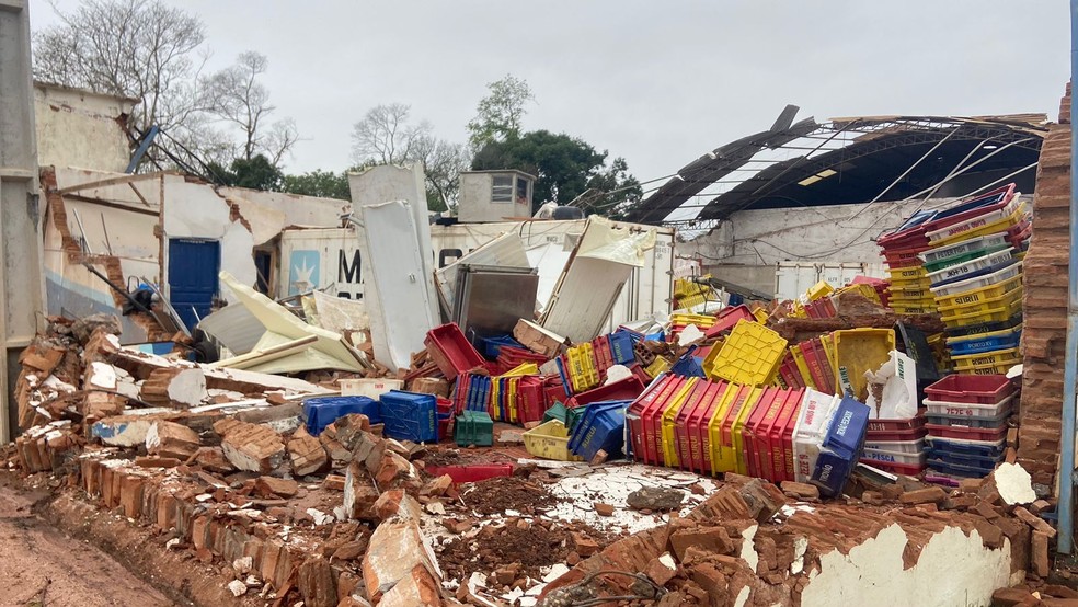 Distribuidora teve estrutura totalmente destruída pelo temporal, em Presidente Epitácio (SP) — Foto: Aline Costa/TV Fronteira