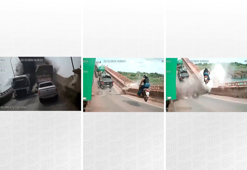 Momento em que veículos foram arremessados durante queda de ponte — Foto: Arte g1