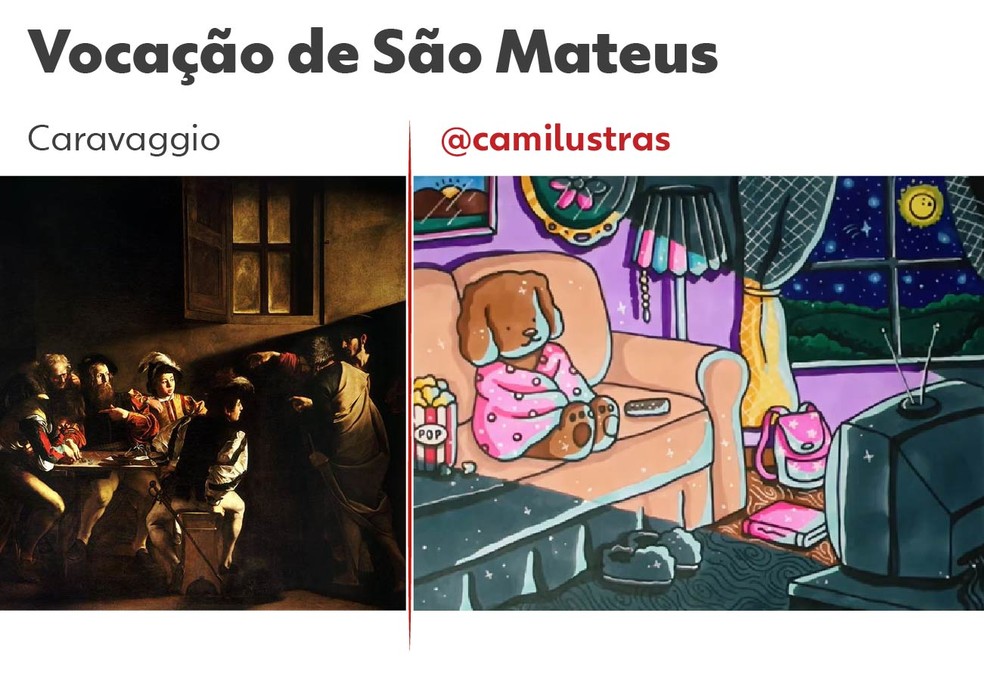 Lado a lado de "Vocação de São Mateus" e uma pintura de Bobbie Goods de @camilustras. — Foto: Arte: Gui Souza/g1