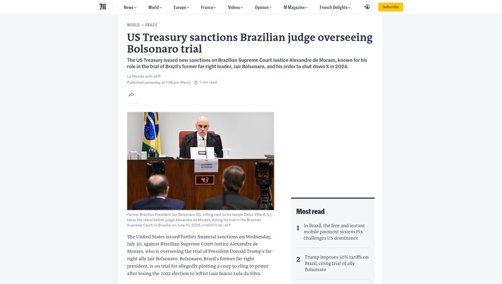Le Monde publicou reportagem sobre sanções sofridas por Alexandre de Moraes — Foto: Reprodução