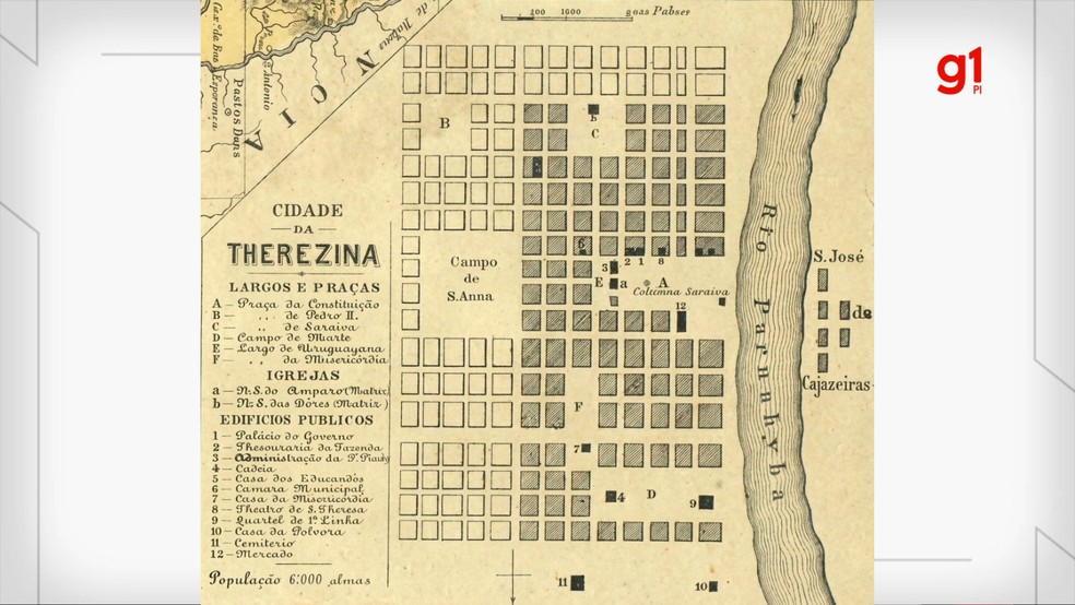 Primeira capital planejada do Brasil, Teresina completa 174 anos; conheça projeto urbano em formato de ‘tabuleiro de xadrez' — Foto: Fundação Biblioteca Nacional/Divisão de cartografia e documentos do Império do Brasil