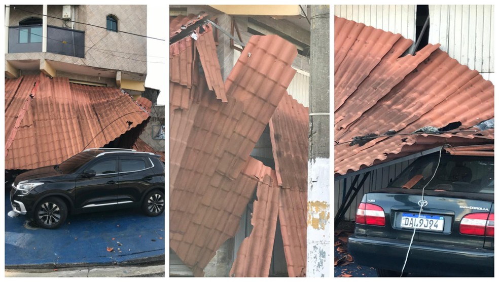 Ventania derrubou teto de casa no Jardim Independência, em São Bernardo do Campo, Grande SP, na noite desta sexta-feira (11). — Foto: Montagem/g1/Acervo pessoal