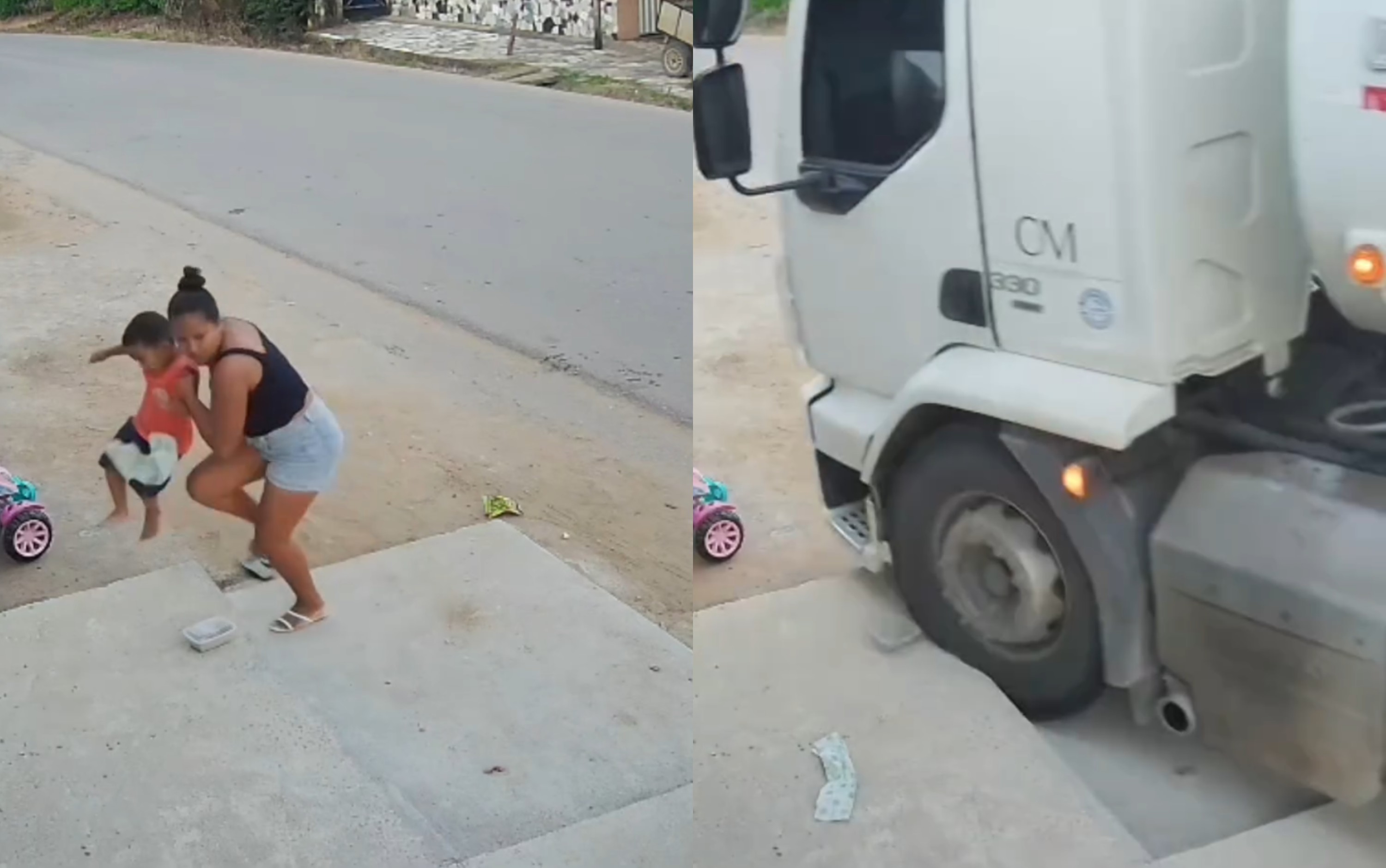 Mulher salva criança segundos antes de caminhão sem freio passar por cima de calçada; VÍDEO
