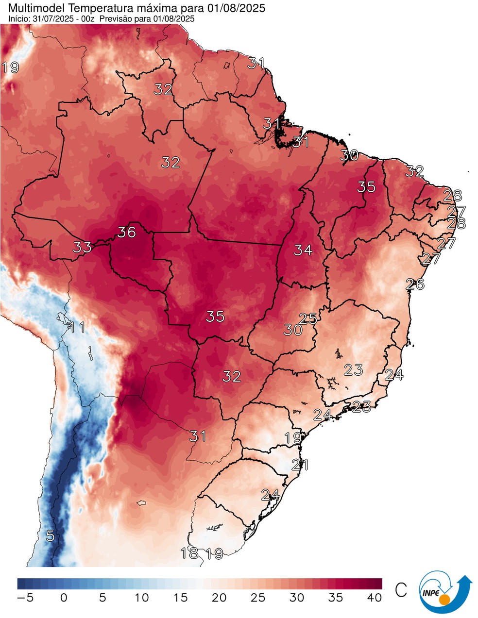 Mapa mostra previsão de temperatura máxima para esta sexta-feira (01). — Foto: CPTEC/Inpe