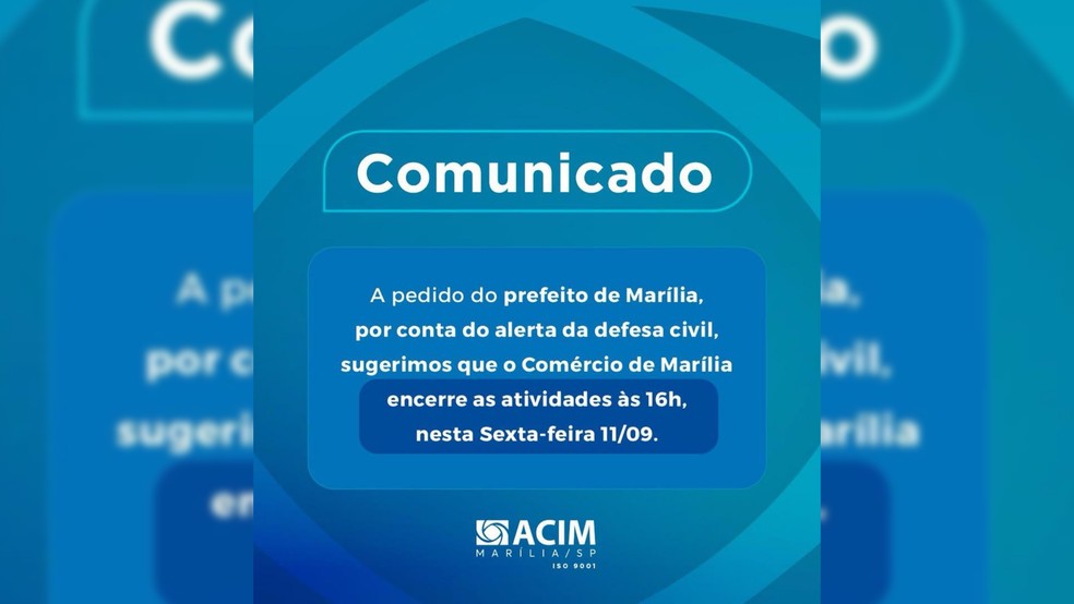 1 de 4
A Associa&ccedil;&atilde;o Comercial e de Inova&ccedil;&atilde;o de Mar&iacute;lia (Acim) emite comunicado sugerindo o encerramento das atividades comerciais nesta sexta-feira (11). &mdash; Foto: Acim/Reprodu&ccedil;&atilde;o