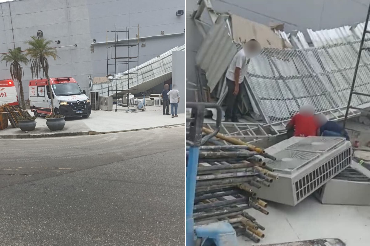 Acidente deixa funcionários feridos durante instalação de ar-condicionado em shopping de Praia Grande