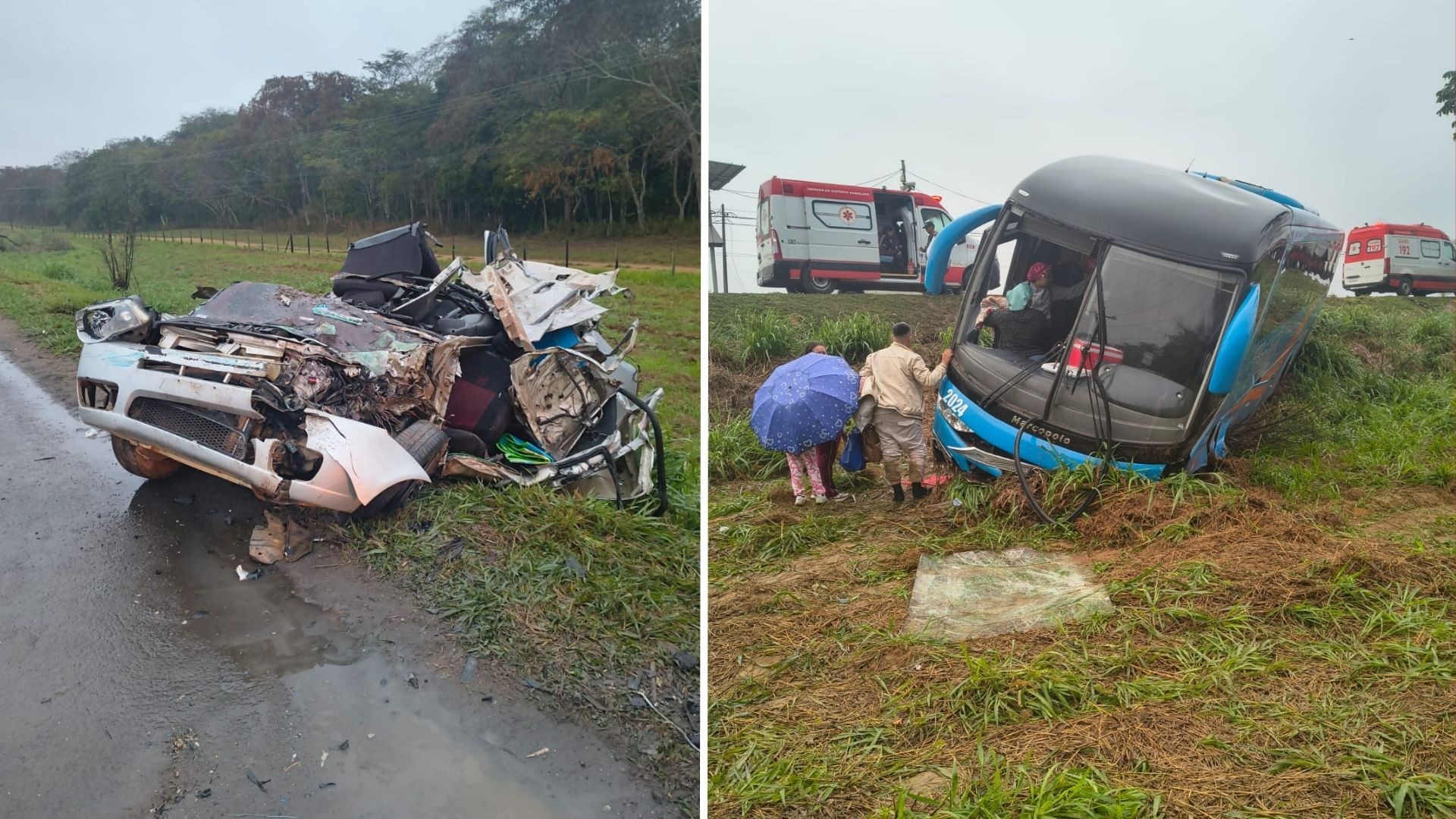 VÍDEO: carro fica destruído após bater de frente com ônibus com turistas a caminho do Convento da Penha no ES